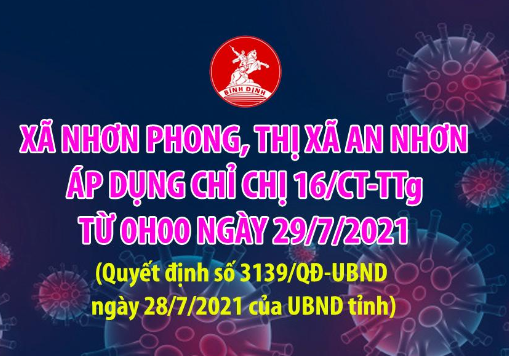 Thực hiện Chỉ thị 16/CT-TTg đối với xã Nhơn Phong, Thị xã An Nhơn kể từ 0g00 ngày 29/7/2021